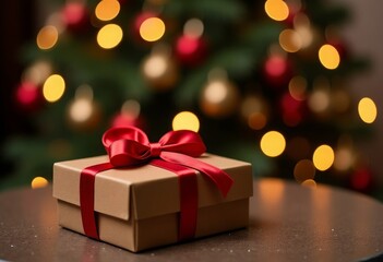 A gift box with a red bow on the background of a Christmas tree with lights, a place for text. 