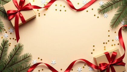 boxes with gifts and red ribbons, fir branches on a beige background, top view, a place for text.