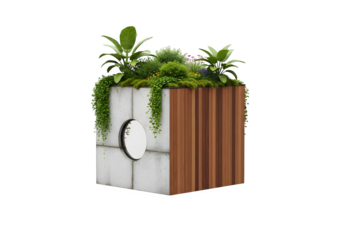 Modern concrete and wood planter box isolated on transparent background, showcasing a minimalist design for urban gardening and outdoor decoration
