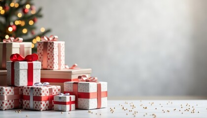Lots of gifts with a red ribbon on the background of a Christmas tree, a gray background with gold sequins, a place for text. Christmas background.
