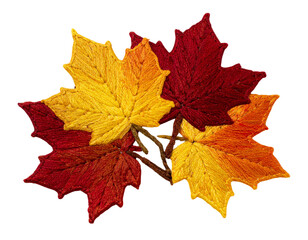  Cluster of Embroidered Maple Leaves in Fall Colors, Decorative Patch Design, Transparent Background
