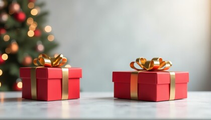 Gifts in red boxes with a yellow bow on the background of a Christmas tree, a place for text.  