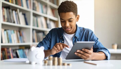 A young person uses a tablet to manage finances, with a piggy bank and coins on the table, suggesting themes of savings and financial literacy.