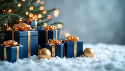 Lots of blue gifts with a gold ribbon on the background of a Christmas tree and snow, a gray background with gold sequins, a place for text. Christmas background.
