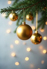 Golden Christmas balls are hanging on a green Christmas tree, a garland is glowing, lights are on, a gray background with golden sequins, a place for text. Christmas background.