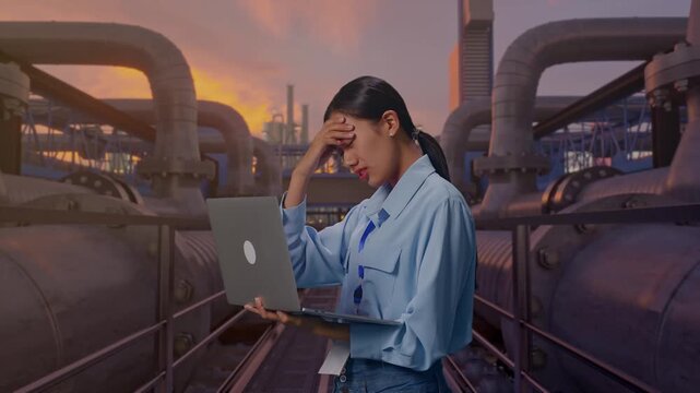 Side View Of Asian Female Professional Worker Use Laptop, Industrial Pipeline Network at Sunset,  She Is Nodding Her Shead With Dissapionted