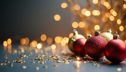 A lot of red Christmas balls are lying under the tree, a garland glows, lights, a gray background with gold sequins, a place for text. Christmas background.