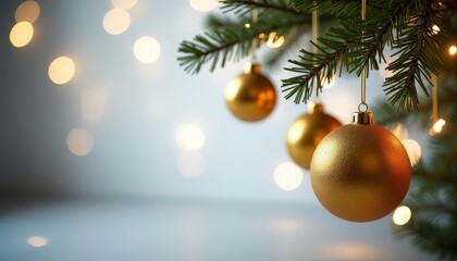 Golden Christmas balls are hanging on a green Christmas tree, a garland is glowing, lights are on, a gray background with golden sequins, a place for text. Christmas background.