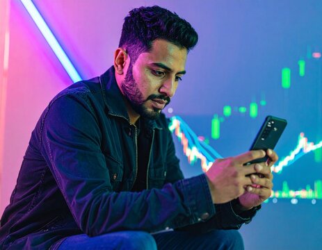 Young man intently analyzing financial market trends on his smartphone, illuminated by vibrant neon lights and dynamic digital stock charts, reflecting modern investment strategies