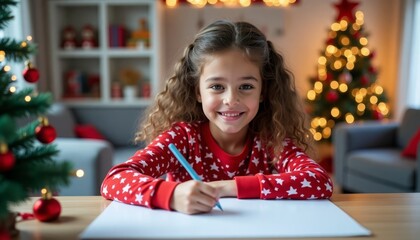 A little girl sits at a table with a pen in her hand and, smiling, writes a letter to Santa Claus. Christmas decor in the room, Christmas tree.