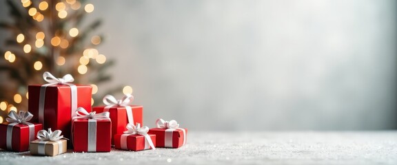 Lots of gifts in red boxes with a white bow on the background of a Christmas tree, a place for text.  The banner.