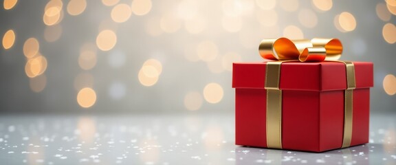 A red gift box with a golden bow on a gray background with sequins, a place for text. 