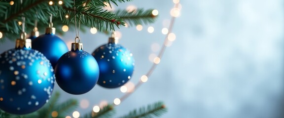 Blue Christmas balls are hanging on a green Christmas tree, a garland is glowing, lights are on, a gray background with gold sequins, a place for text. Christmas background.