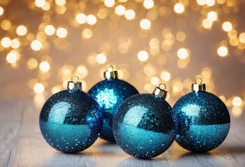 Blue Christmas balls are lying on a golden background, a garland is glowing, lights are on, a gray background with golden sequins, a place for text. Christmas background.