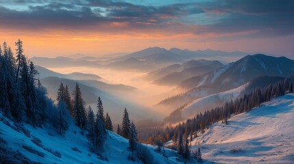 Beautiful golden light shines across the vast snowy mountains with mist filling the valleys below