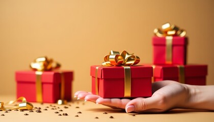 A gift in a red box on a woman's palm. Gold sequins, yellow background, space for text.