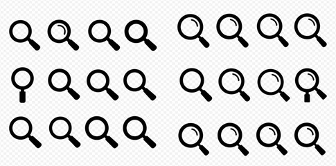 Collection of twenty-four magnifying glass icons, simple black silhouettes on white background.