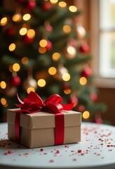 A gift box with a red bow on the background of a Christmas tree with lights, a place for text. 