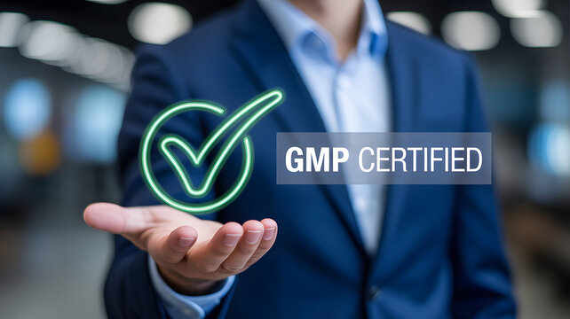 GMP certified excellence demonstrated with digital checkmark, symbolizing quality assurance and compliance standards