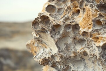 Obraz premium Close-up of a porous, weathered rock formation showing intricate texture and erosion patterns.