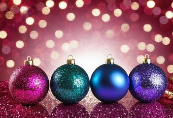 Colorful Christmas balls lie on a blue background, a garland glows, lights are on, a gray background with gold sequins is a place for text. Christmas background.	