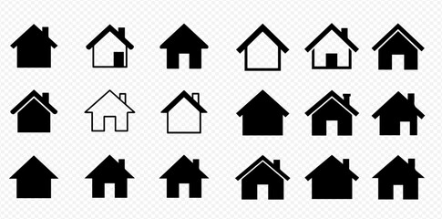 A collection of various black and white house icons and home symbols in different simple graphic designs.