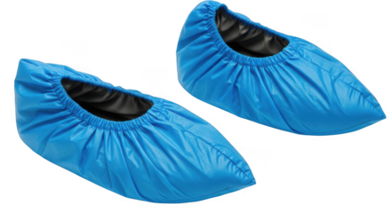 Pair of blue disposable shoe covers isolated on transparent background, offering protection and hygiene in various environments like medical, laboratory, or industrial settings