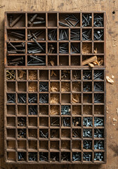 Overhead view of a wooden compartment box filled with assorted screws, nails, and wood shavings.