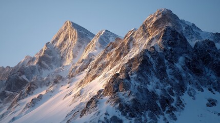 Golden sunlight at dawn bathes the snowy mountain peaks under a clear sky