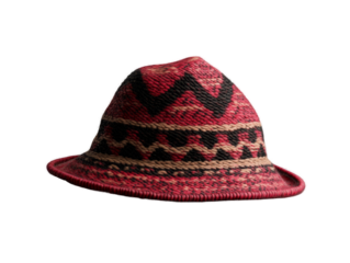 Traditional red andean hat with intricate geometric patterns