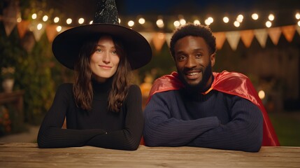 A young Caucasian woman in a witch hat and a young African man in a red cape celebrate Halloween together at a festive outdoor gathering.