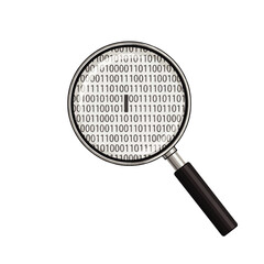 A magnifying glass focuses on binary code, symbolizing data analysis and technology
