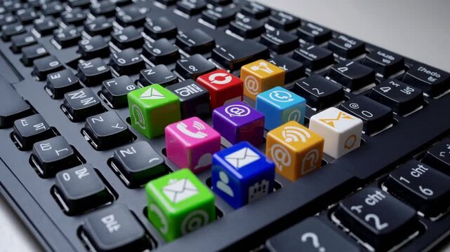 Numerous methods of getting in touch symbolized as pictograms on miniature cubic blocks positioned atop typing input device
