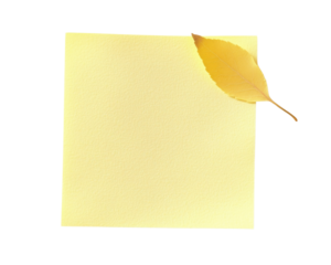Yellow sticky note with a blank surface- ideal for writing reminders- messages- or short notes. The paper texture is smooth- making it easy to write on. Isolated on transparent background- png.
