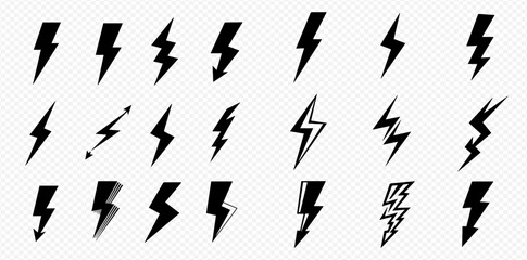 A diverse set of black lightning bolt icons and symbols presented in various styles on a transparent background.