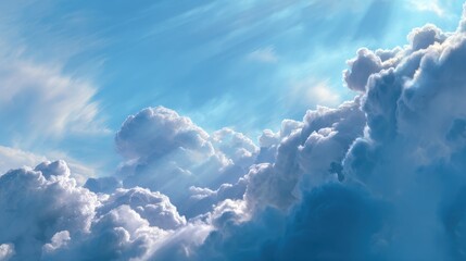 Cumulus clouds fill blue sky during daytime providing dreamy and peaceful atmosphere across horizon