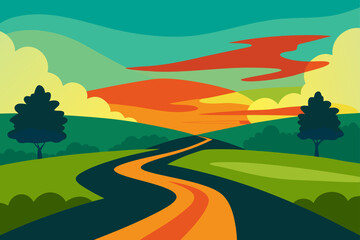 Cartoon landscape with winding road and sunset view