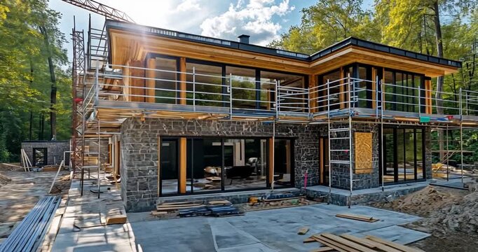 Modern house under construction in a wooded area