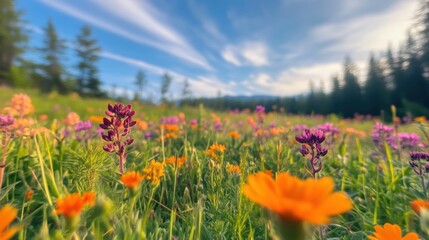 Obraz premium Vibrant wildflower field under a bright sky in springtime scenery