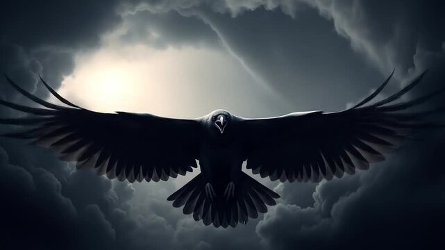 A striking black raven soaring through dark, stormy clouds.