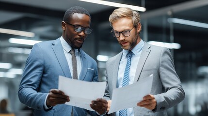 Two focused businessmen analyze document together in modern office during daytime