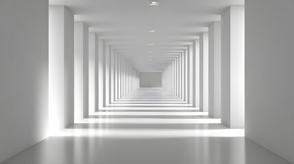 Fototapeta premium Minimalist White Corridor with Symmetrical Lighting and Geometric Perspective in Modern Architecture
