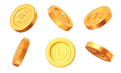 3d set golden UAE Dirham coins with different angles. Stock vector illustration on isolated background.	