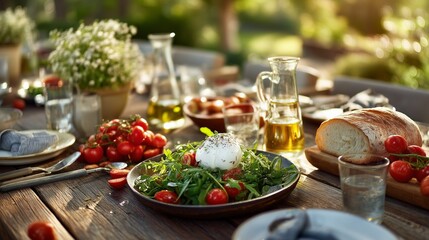 Fresh burrata salad ripe tomatoes and crusty bread are ready for an outdoor garden lunch