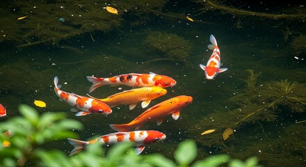 Vibrant Koi Carp School Swimming in Tranquil Pond with Aquatic Plants