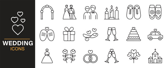 Naklejka premium Minimalist wedding icon set representing love, marriage, and celebration in vector style.