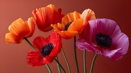 Colorful Arrangement of Poppies in Shades of Red, Orange, and Pink Against a Warm Background