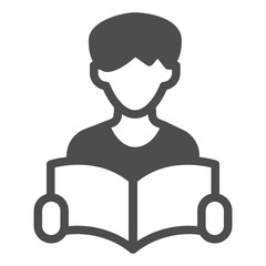 Student guy with magazine solid icon, learners literature concept. Vector graphics. Man with book in hands, education sign on white background, glyph style icon for mobile or web design.