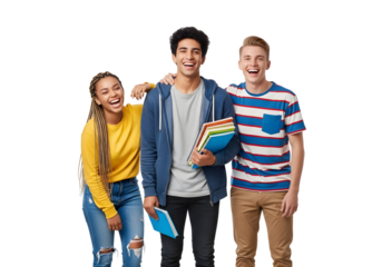 Happy diverse students with books in hand, smiling and laughing together on a white background