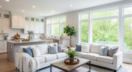 Fototapeta premium A bright and spacious openplan living room and kitchen with large windows overlooking lush green trees